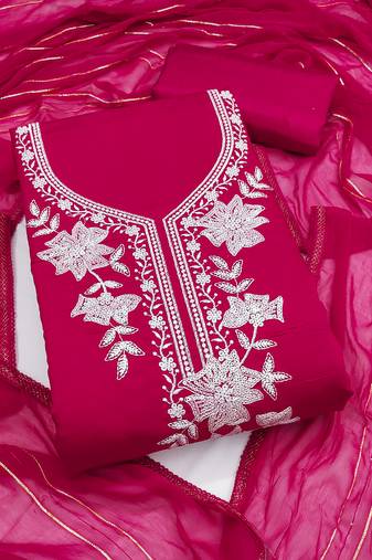 magenta embroidered roman silk pv chanderi unstitched dress material 
