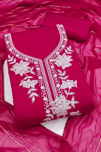 magenta embroidered roman silk pv chanderi unstitched dress material 