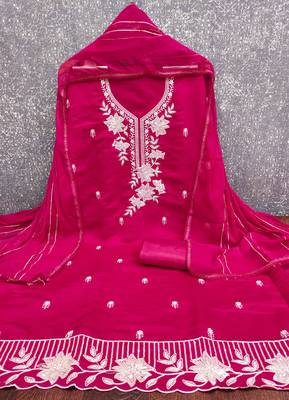 magenta embroidered roman silk pv chanderi unstitched dress material  2