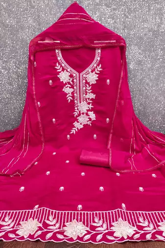 magenta embroidered roman silk pv chanderi unstitched dress material 