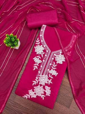 magenta embroidered roman silk pv chanderi unstitched dress material  3