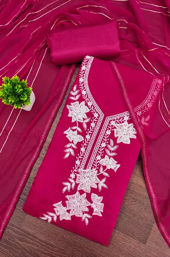 magenta embroidered roman silk pv chanderi unstitched dress material 