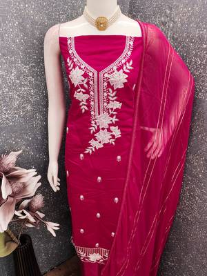 magenta embroidered roman silk pv chanderi unstitched dress material  4