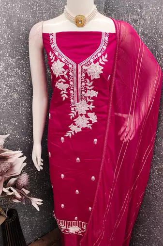 magenta embroidered roman silk pv chanderi unstitched dress material 