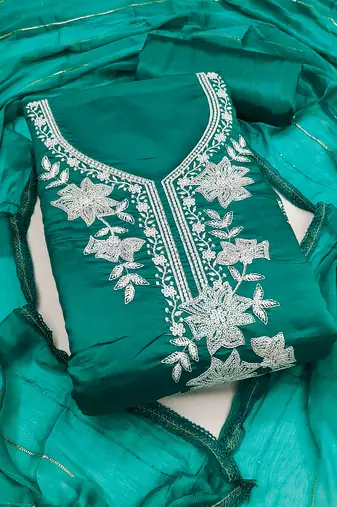 sea green embroidered roman silk pv chanderi unstitched dress material 