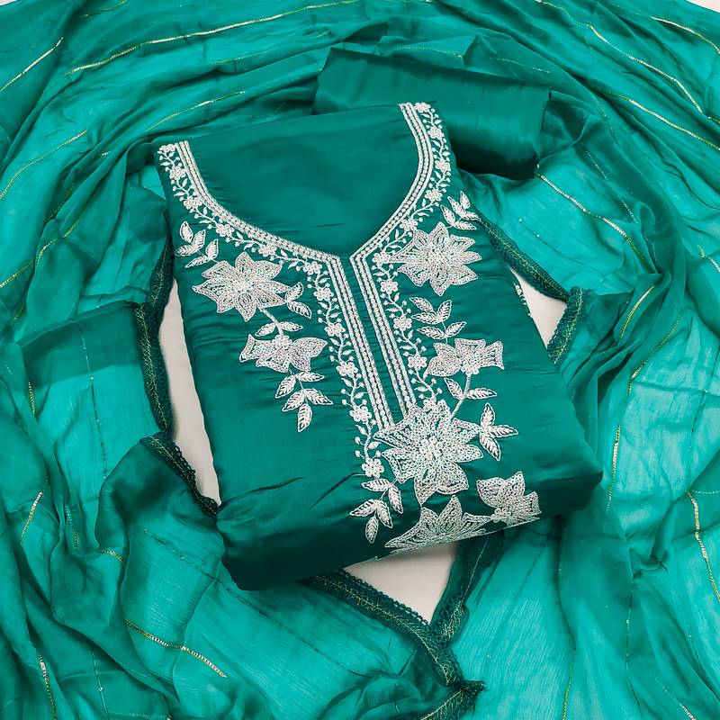 sea green embroidered roman silk pv chanderi unstitched dress material 