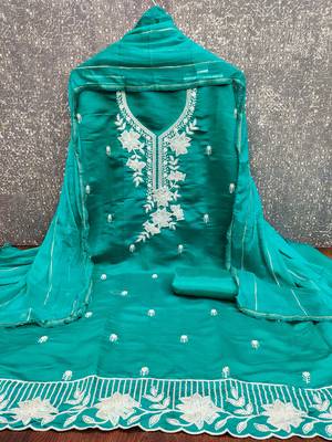 sea green embroidered roman silk pv chanderi unstitched dress material  2