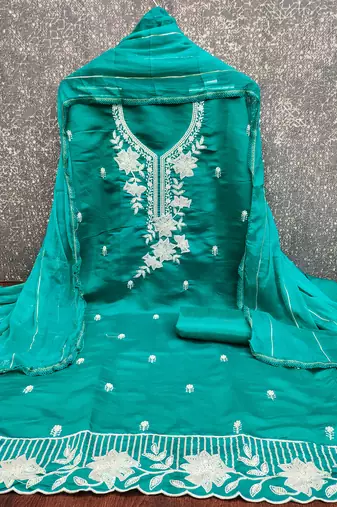 sea green embroidered roman silk pv chanderi unstitched dress material 