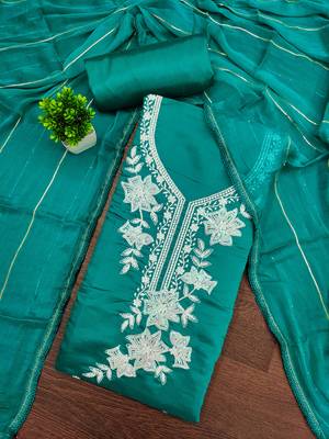 sea green embroidered roman silk pv chanderi unstitched dress material  3