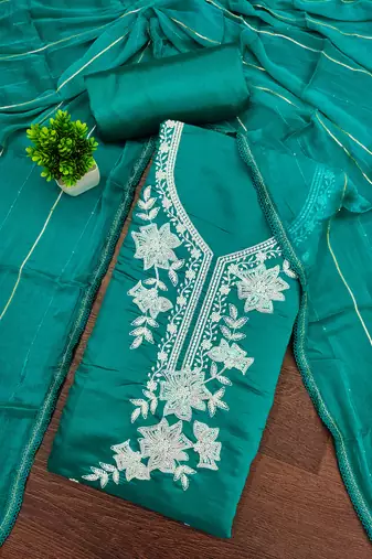 sea green embroidered roman silk pv chanderi unstitched dress material 