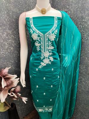 sea green embroidered roman silk pv chanderi unstitched dress material  4
