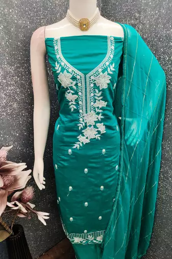 sea green embroidered roman silk pv chanderi unstitched dress material 