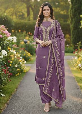 lavender embroidered roman silk pv chanderi unstitched dress material  1
