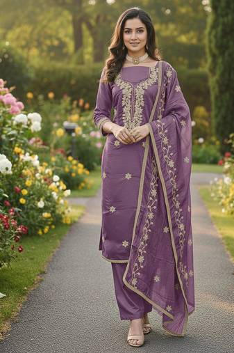 lavender embroidered roman silk pv chanderi unstitched dress material 