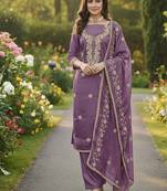 lavender embroidered roman silk pv chanderi unstitched dress material 