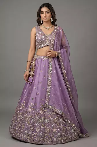 Women's Lavender Tissue Beads with Embroidered Lehenga Choli with Dupatta