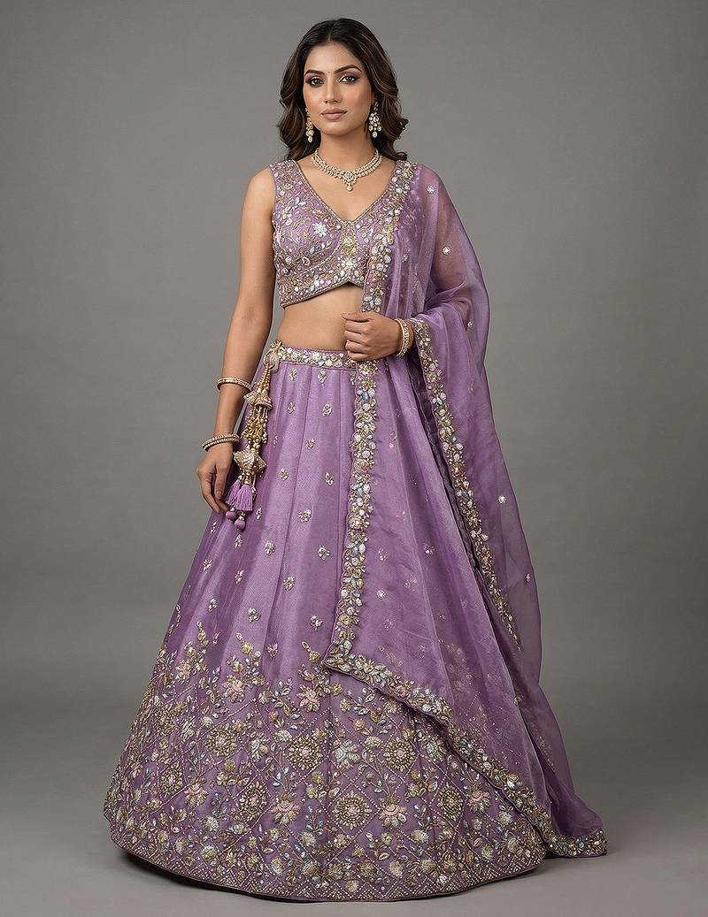 Women's Lavender Tissue Beads with Embroidered Lehenga Choli with Dupatta