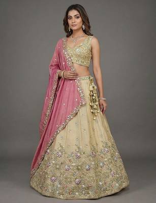 Women's Beige & Pink Tissue Beads with Embroidered Lehenga Choli with Dupatta 4