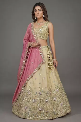 Women's Beige & Pink Tissue Beads with Embroidered Lehenga Choli with Dupatta