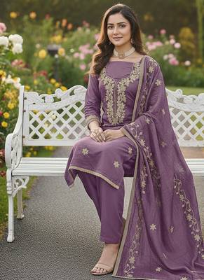 lavender embroidered roman silk pv chanderi unstitched dress material  2