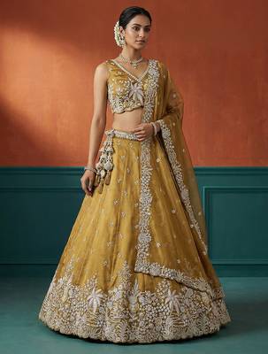 Women's Mustard Tissue Moti with Embroidered Lehenga Choli with Dupatta 1