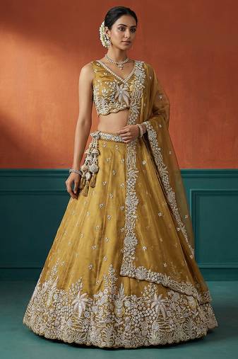 Women's Mustard Tissue Moti with Embroidered Lehenga Choli with Dupatta