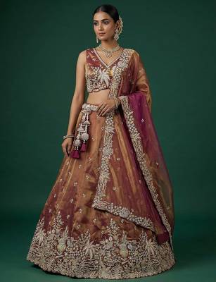 Women's Copper Brown Tissue Moti with Embroidered Lehenga Choli with Dupatta 1