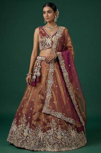 Women's Copper Brown Tissue Moti with Embroidered Lehenga Choli with Dupatta