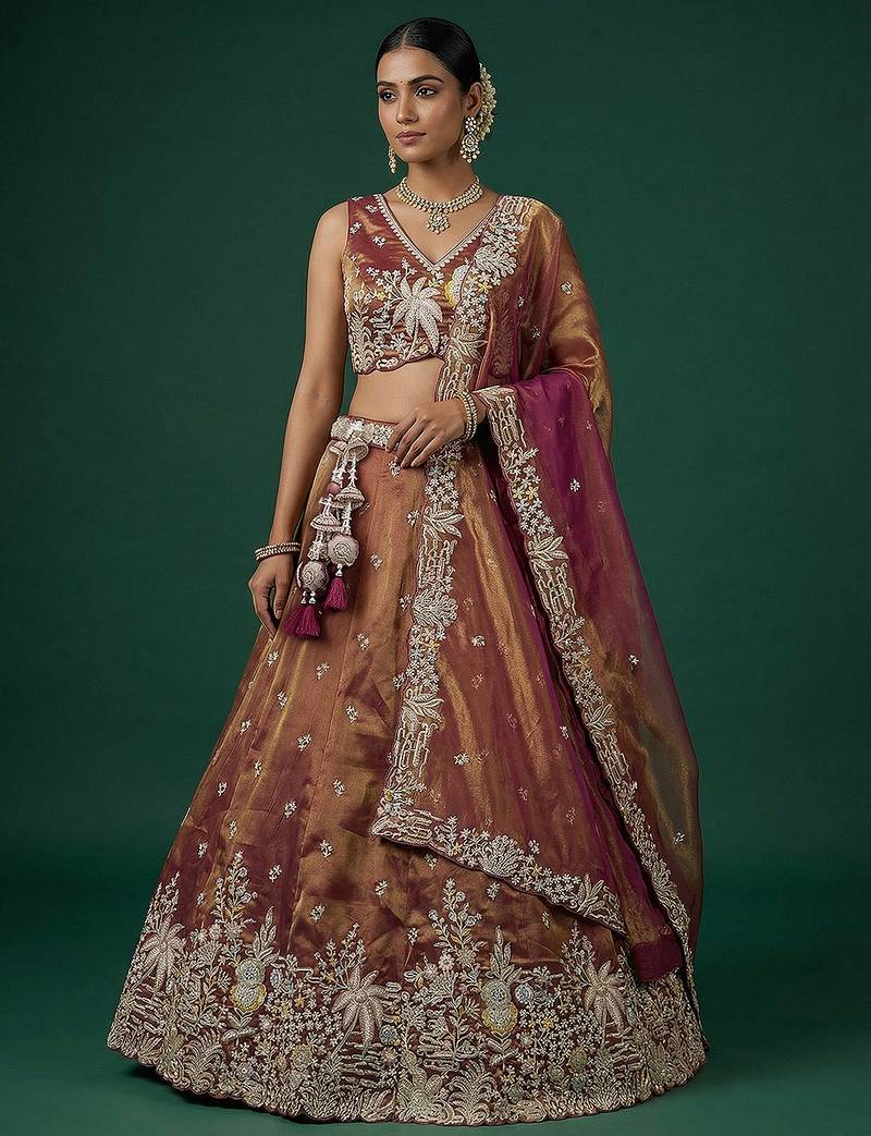 Women's Copper Brown Tissue Moti with Embroidered Lehenga Choli with Dupatta