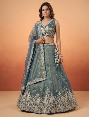 Women's Peacock Blue Tissue Moti with Embroidered Lehenga Choli with Dupatta 1