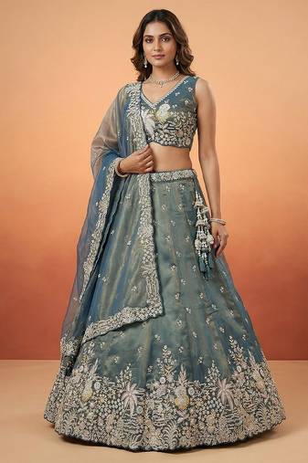 Women's Peacock Blue Tissue Moti with Embroidered Lehenga Choli with Dupatta