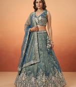 Women's Peacock Blue Tissue Moti with Embroidered Lehenga Choli with Dupatta