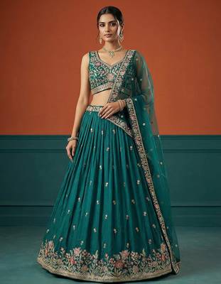 Women's Green Georgette Sequince Embroidered Lehenga Choli with Dupatta 1