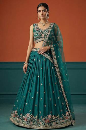 Women's Green Georgette Sequince Embroidered Lehenga Choli with Dupatta