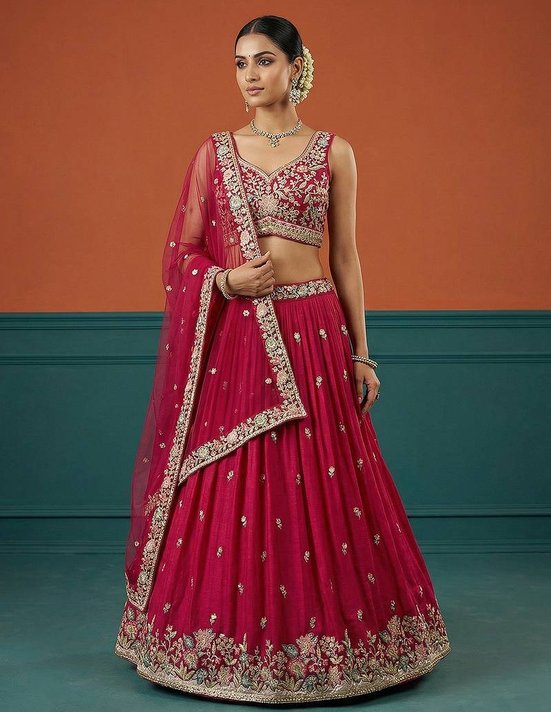 Women's Hot Pink Georgette Sequince Embroidered Lehenga Choli with Dupatta