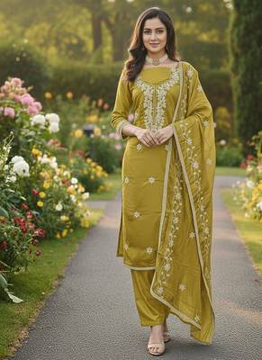 yellow embroidered roman silk pv chanderi unstitched dress material  1