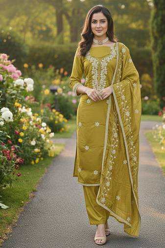 yellow embroidered roman silk pv chanderi unstitched dress material 