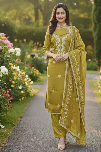 yellow embroidered roman silk pv chanderi unstitched dress material 
