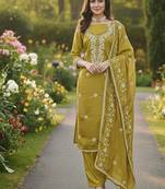 yellow embroidered roman silk pv chanderi unstitched dress material 