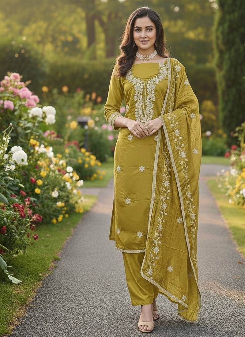 yellow embroidered roman silk pv chanderi unstitched dress material 
