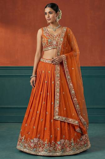 Women's Orange Georgette Sequince Embroidered Lehenga Choli with Dupatta