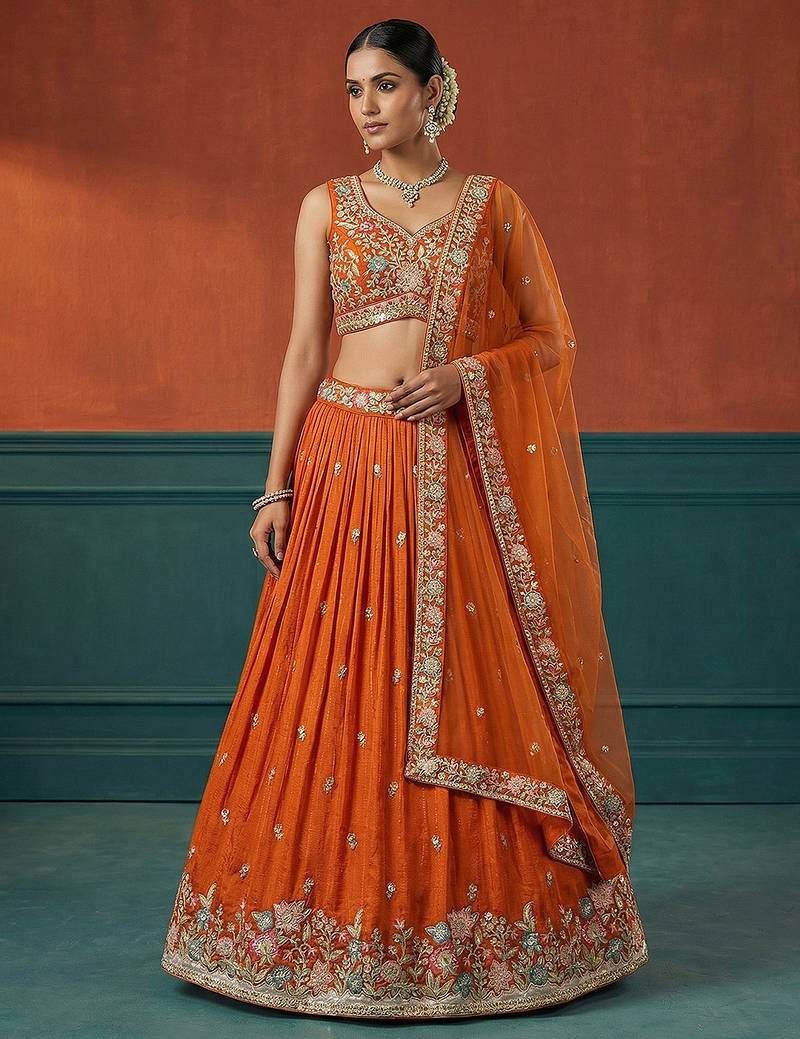 Women's Orange Georgette Sequince Embroidered Lehenga Choli with Dupatta