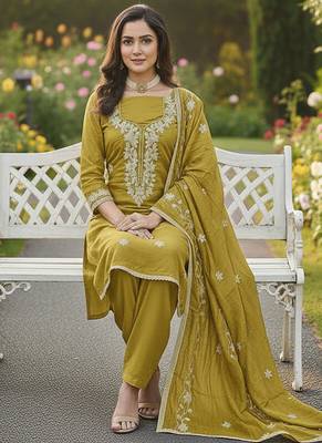 yellow embroidered roman silk pv chanderi unstitched dress material  2
