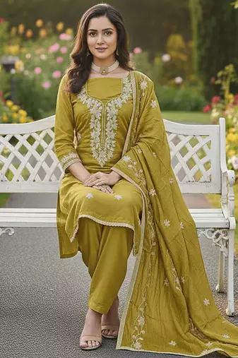 yellow embroidered roman silk pv chanderi unstitched dress material 
