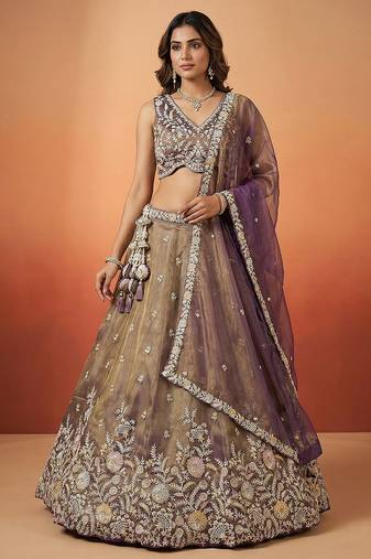 Women's Shade of Purple Tissue Moti with Embroidered Lehenga Choli with Dupatta
