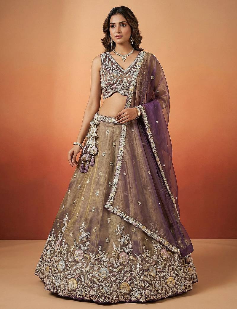 Women's Shade of Purple Tissue Moti with Embroidered Lehenga Choli with Dupatta