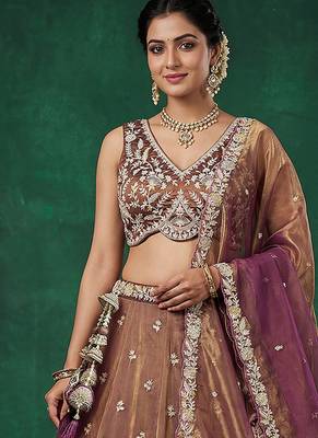 Women's Copper Brown Tissue Moti with Embroidered Lehenga Choli with Dupatta 1