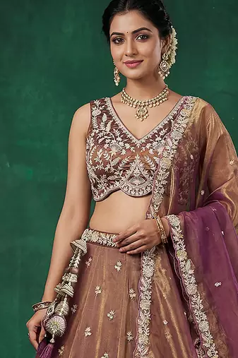 Women's Copper Brown Tissue Moti with Embroidered Lehenga Choli with Dupatta