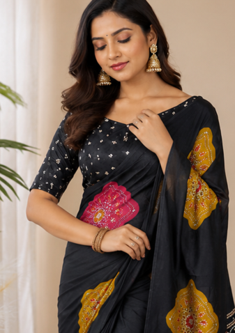Black Beautiful Ajarakh print with mirror work and Latkan Satin Crepe Saree
