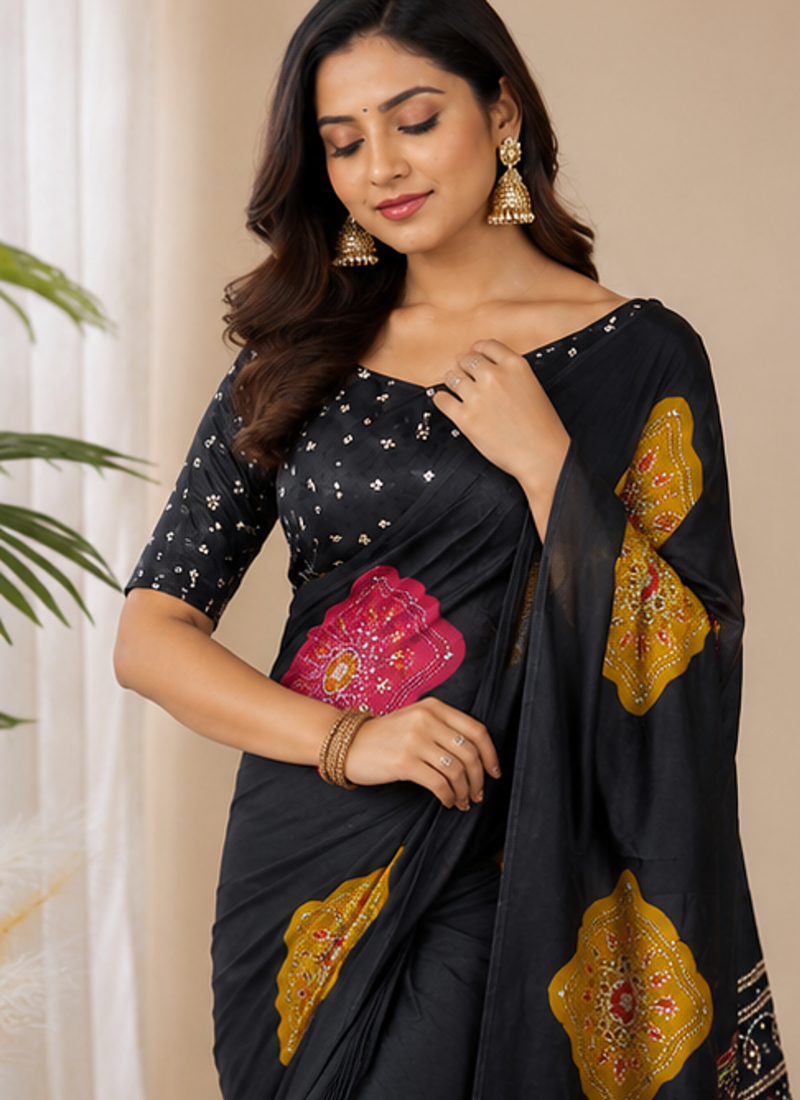 Black Color Beautiful Ajarakh print with Real mirror work and Latkan Satin Crepe Saree